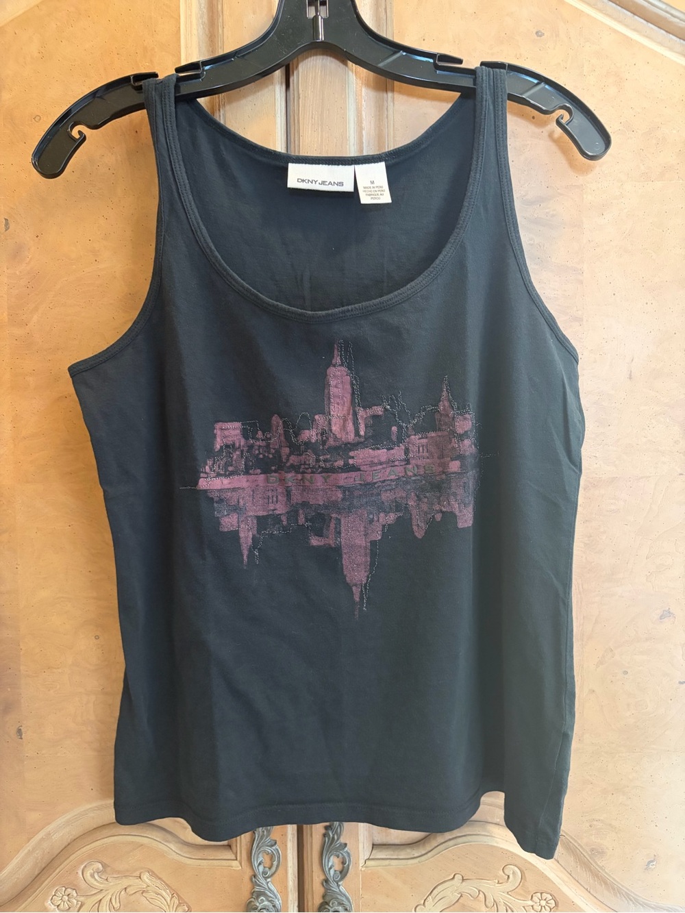 DKNY Black Tank Top with Pink Cityscape Graphic with matching mini skirt